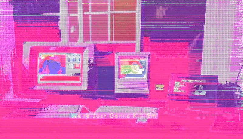 2K, digital composite, close-up, day, connection, vaporwave, building exterior, neon colored, illuminated, telephone, nightlife, computer, no people, architecture