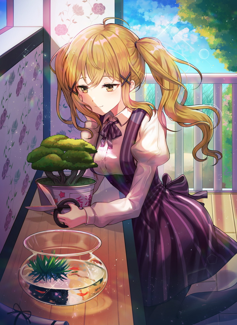 table, goldfish, bang dream, creativity, blonde, blond hair, 2K, art and craft, male likeness, reflection, ichigaya arisa, Anime, no people, hairstyle
