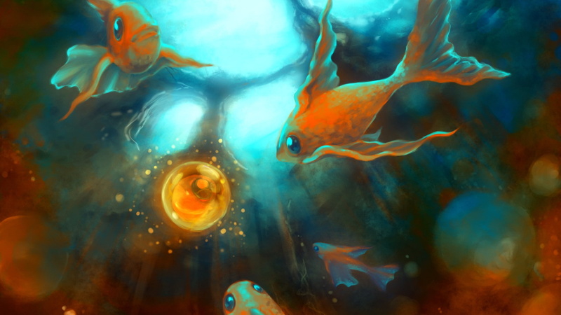 goldfish, underwater, bubbles, artwork, fish, 1080P
