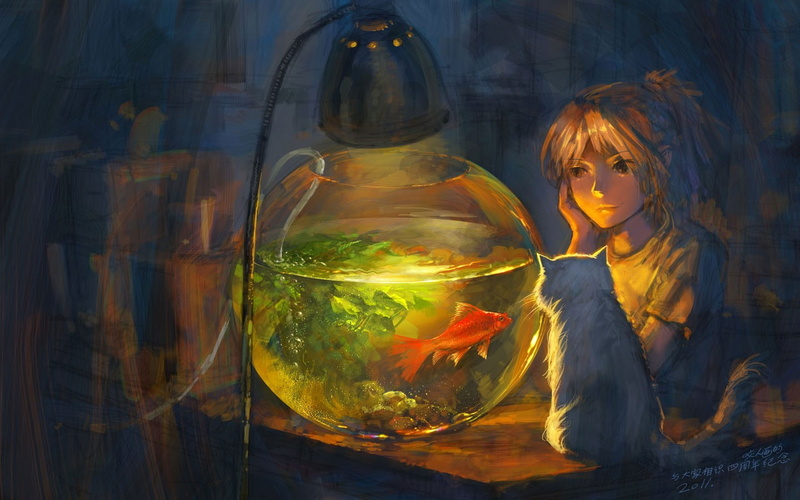 cat, painting, digital/artwork, girl, 720P, table, drawing, beside, tank, fish, wooden, goldfish, hd, bowl, staring