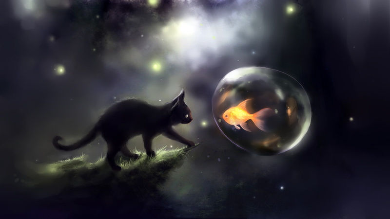 goldfish, glowing, artwork, fish, kittens, bubbles, Apofiss, black cats, 1080P, cat, fantasy art