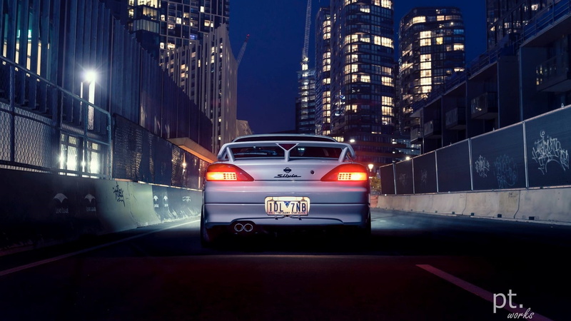 Japanese cars, lights, city, night, rear view, white cars, graffiti, Nissan, skyscraper, nissan silvia, Nissan 200SX, road, JDM, Nissan Silvia S14, 1080P