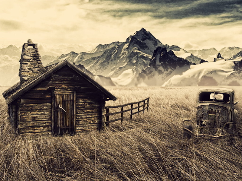 architecture, cabin, brown, outdoors, fence, mountains, tranquil scene, no people, nature, sky, mountain range, scenics - nature, cloud - sky, non-urban scene