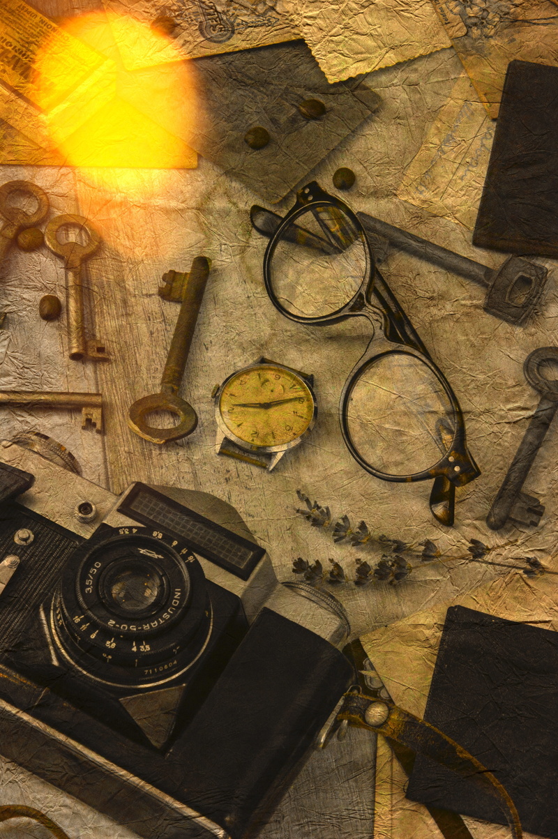 photo montage, still life, photographer, sunlight, old mood, monochrome, 5K, glasses, antique, directly above, sepia, background, camera, photo, technology