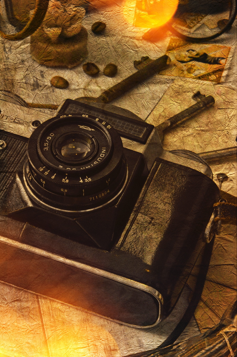 no people, wood, camera, household equipment, photography themes, arts culture and entertainment, background, old, old mood, monochrome, sepia, photo montage
