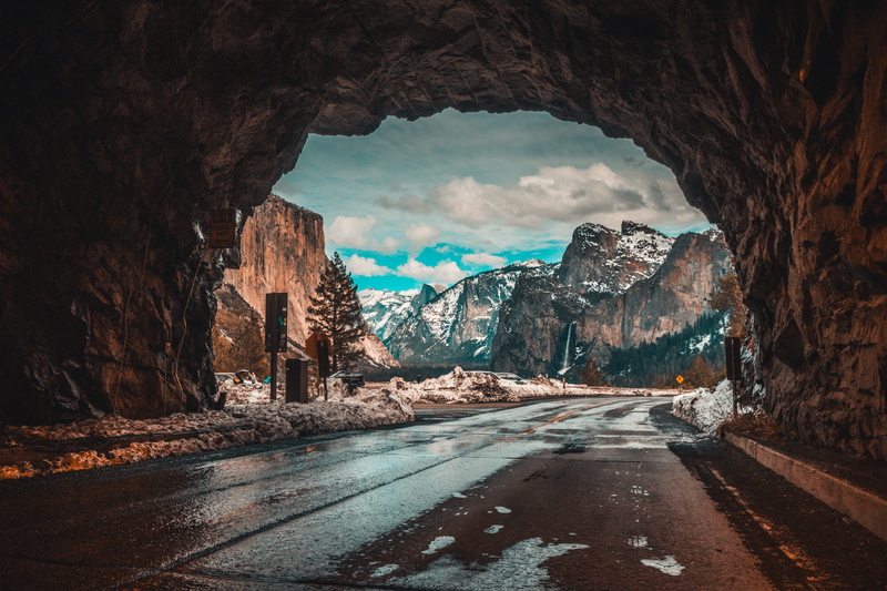 physical geography, surreal, beauty in nature, snow, californium, yosemite, el capitan, tunnelview, cloud - sky, transportation, empty, rock - object, scenics - nature