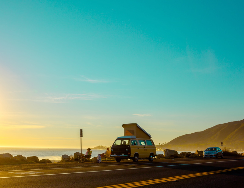 beauty in nature, motor vehicle, cloud - sky, transporter, blue, car, vw, scenics - nature, californium, sea, yellow, nature, 4K, gray, van, roadtrip