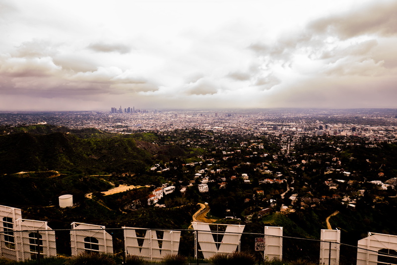 outdoors, california, high angle view, city, clouds, sky, los angeles, apartment, building, sign, crowded, skyscraper, hollywood sign, 4K, bright, nature