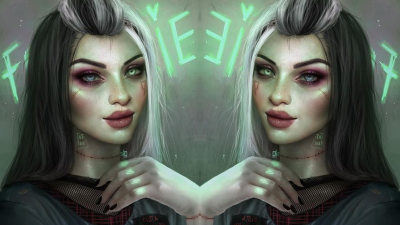 futuristic city, women angel, green, glasses, women, fantasy art, Woman in Red, Fantasia, artwork, red, 1080P, neon, neon lights, pink, futuristic, blue
