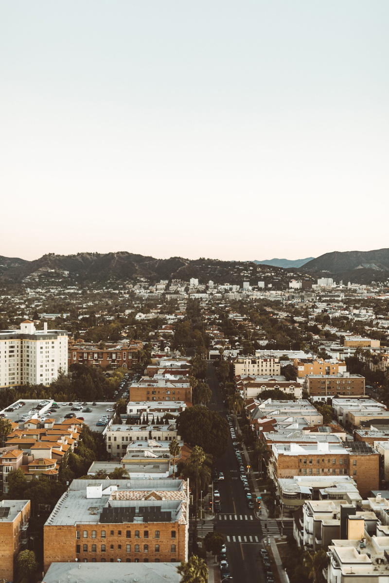 buildings, 5K, la, city life, copy space, mountain, clear sky, weho, high angle view, townscape, sky, urban, drone view, road, outdoors, crowd, modern design