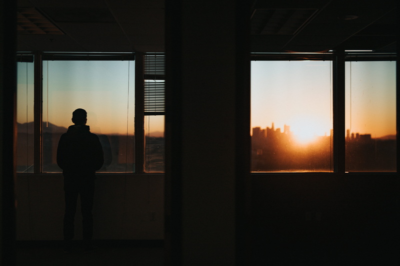 golden, blind, transparent, peaceful, rear view, person, silhouette, looking at view, hour, looking out, sun, morning glory, orange color, la, glass - material