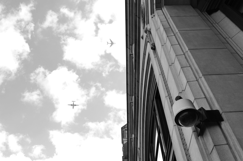 urban, pilot, idea, aeroplane, sky, on the move, outdoors, low angle view, City, fly, directly below, tourism, no people, city, flying, town, sunlight