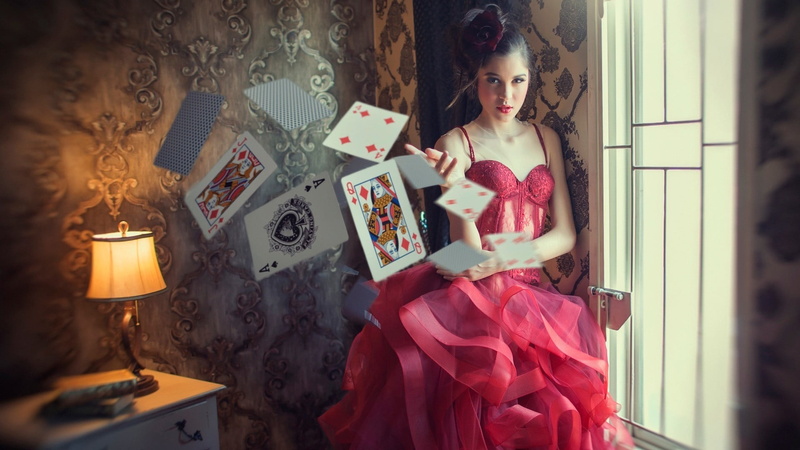 Ace of Spades, photography, young women, dress, clothing, lifestyles, room, fashion, 1080P, one person, young adult, celebration, holding, beauty, playing cards