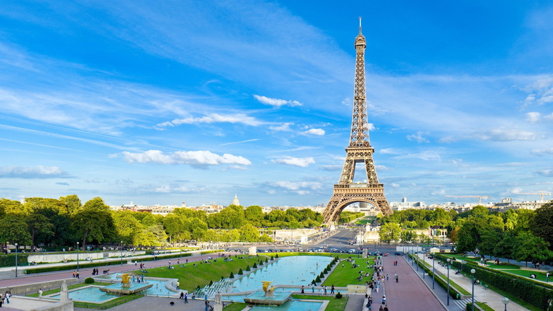 trees, France, Paris, French, clouds, architecture, tower, 1080P, sky, water, Eiffel Tower