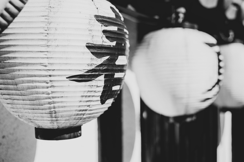 lanterns, hanging, craft, selective focus, religion, still life, creativity, kanji, focus on foreground, place of worship, greyscale, architecture, art and craft