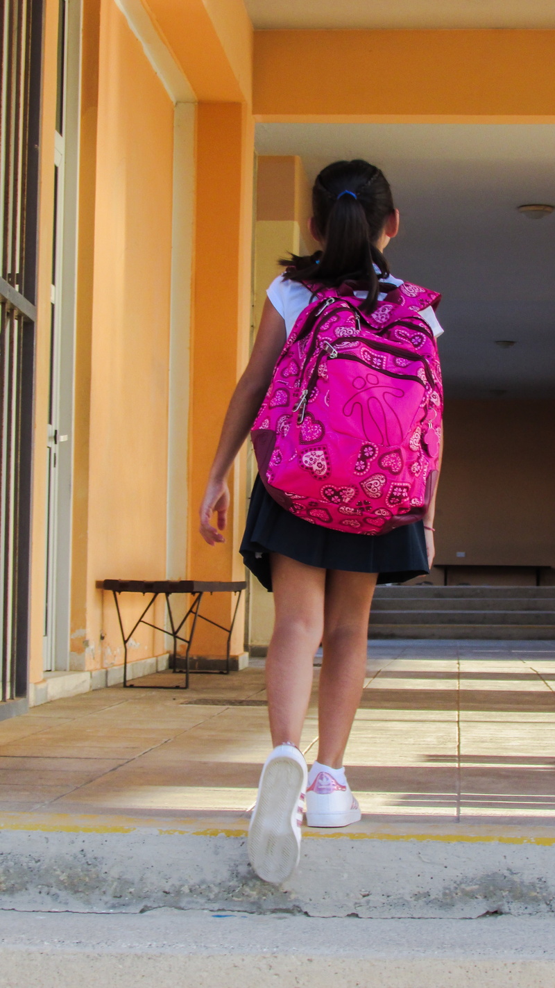 girl, school, pathway, built structure, one Person, building, child, outdoors, student, standing, school bag, people, backpack, walking, full length, wearing