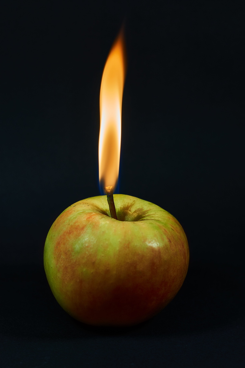 apple of discord, fruit, fire, single object, nature, burn, colored background, heat - temperature, apple brand, close-up, fire - natural phenomenon, indoors