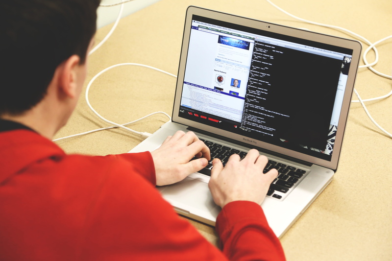 typing, man, 5K, connection, display, terminal, occupation, young adult, home office, technology, code, red, wireless technology, hacker, start-up, macbook