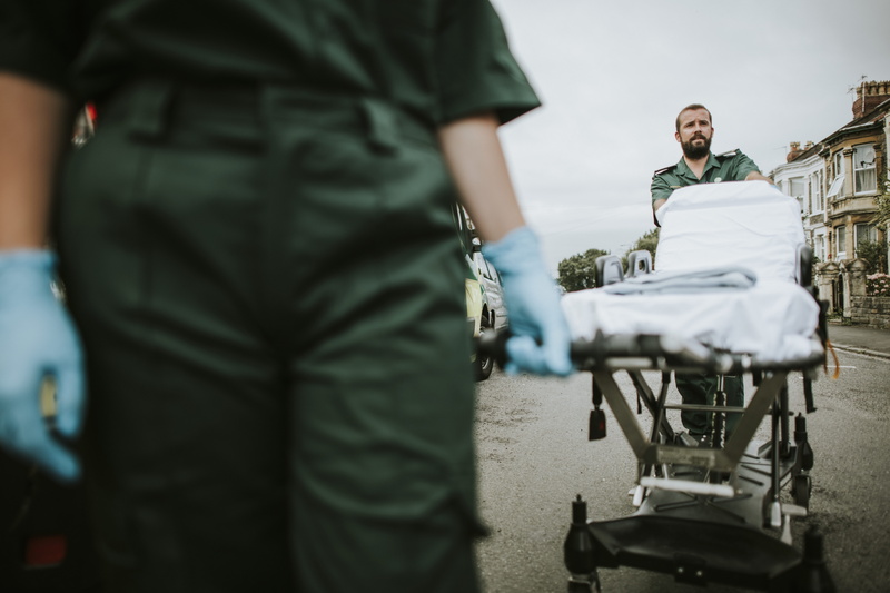 professional, care, 911, ambulance, two people, healthcare and medicine, women, blurred background, doctor, men, three quarter length, 8K, rear view, focus on foreground