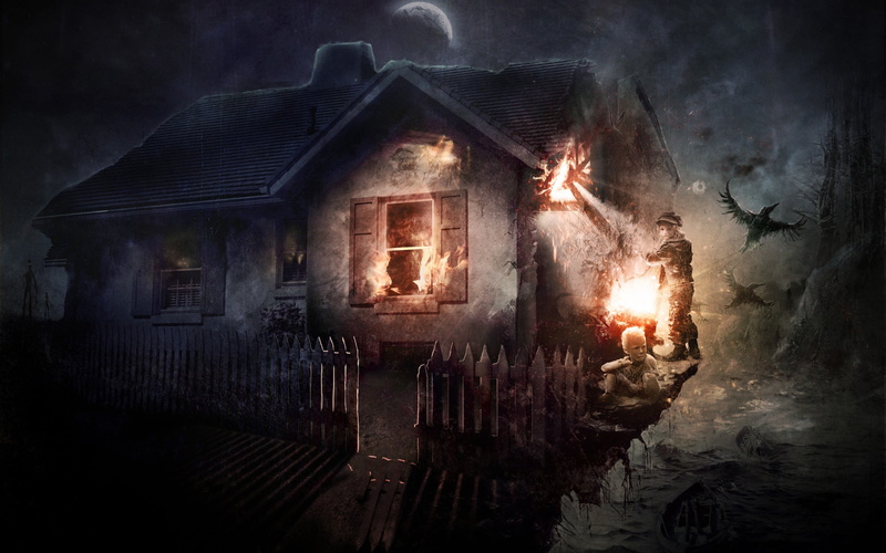 house, burning, smoke - physical structure, nature, heat - temperature, outside, architecture, fantasy art, building exterior, glowing, fire, fire - natural phenomenon