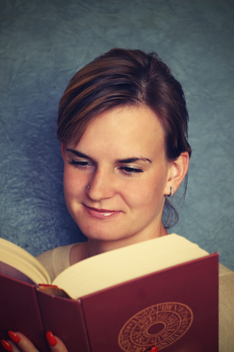 teen, happy, lifestyles, girl, beautiful, the female, study, red, publication, library, hardbound, nose piercing, learning, pupil, books, woman, young