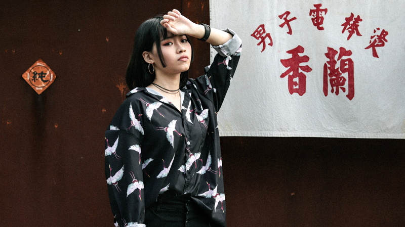 black, long sleeve, looking away, indoors, calligraphy, skin, sleeve, banner, woman, blouse, innocence, evening dress, one person, costume, clothing, hair