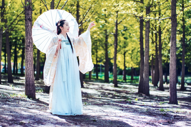 human, china, beijing, plant, day, standing, tree, evening dress, female, adult, clothing, costume, one person, outdoors, beautiful woman, fashion, young adult