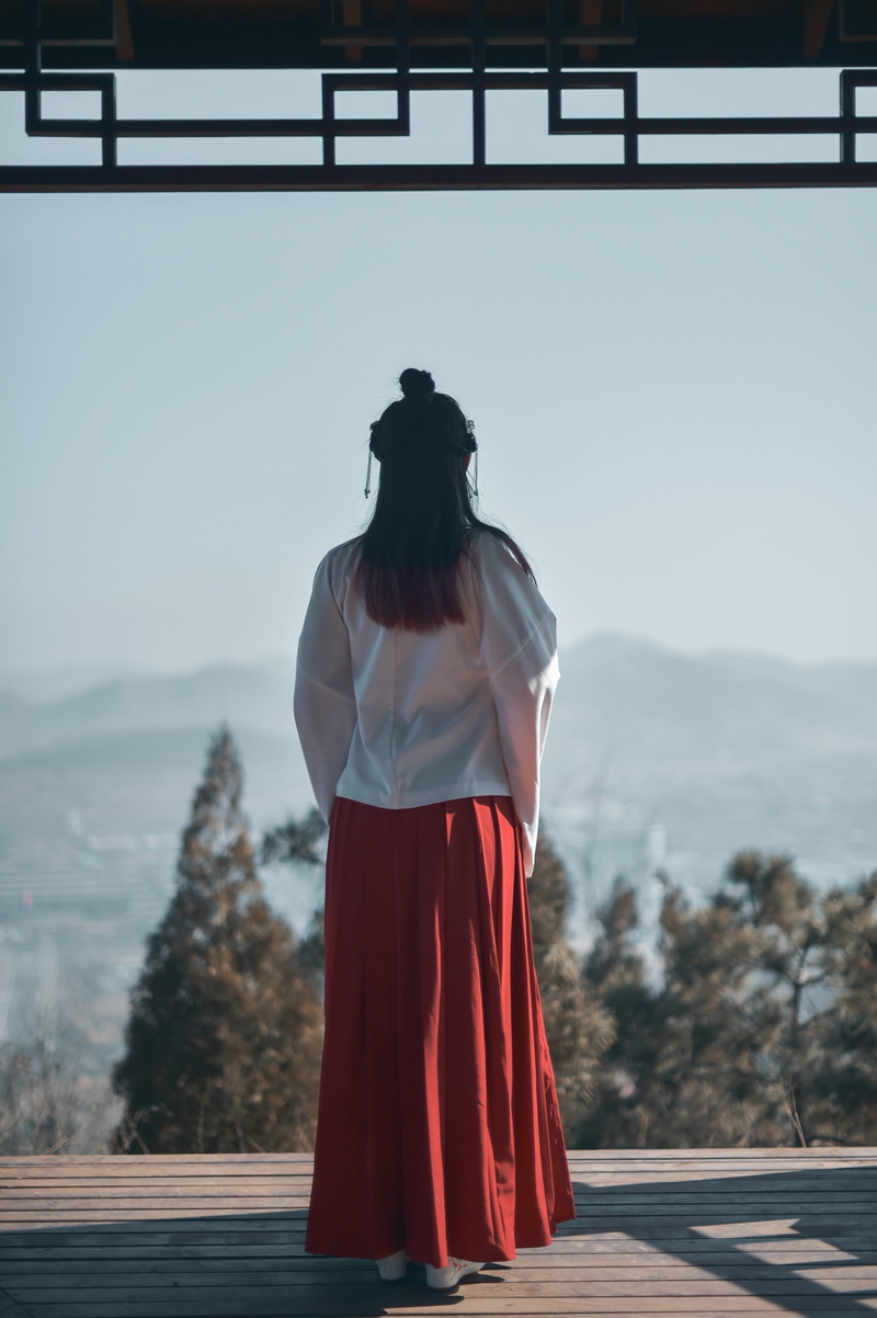 hairstyle, woman, skirt, dress, beauty in nature, outdoors, mountain, tree, standing, human, white, kimono, red, female, leisure activity, tranquility