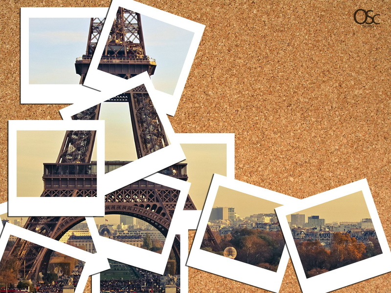 cityscape, corkboard, Paris, polaroids, 720P, digital art, collage, Eiffel Tower