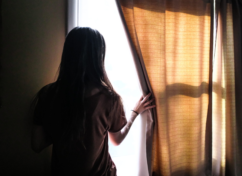adult, long hair, day, hair, 5K, harsh light, rear view, young adult, real people, one person, looking out, lifestyles, depression - sadness, shadow, women
