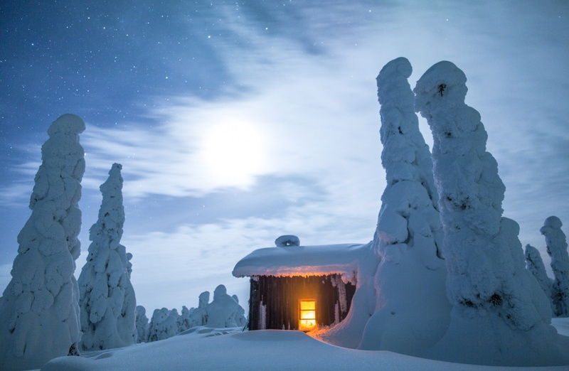 Nordic, Arctic, snowy, Moon, Winterscape, lapland, 1080P, scandinavia, wilderness hut, Trees, Beautiful, Nature, Wilderness, Outdoors, Cold, hut, Woods