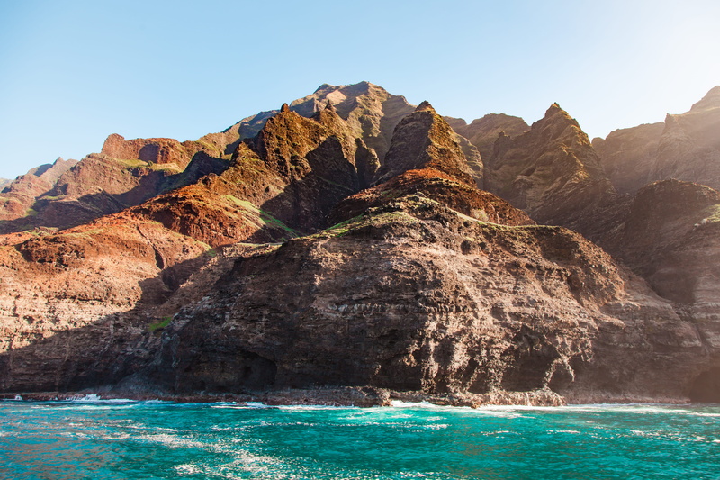 tranquility, sea, hawaii, clear sky, outdoors, tranquil scene, non-urban scene, beauty in nature, kauai, idyllic, landscape, 5K, wonder, rock, napali coast