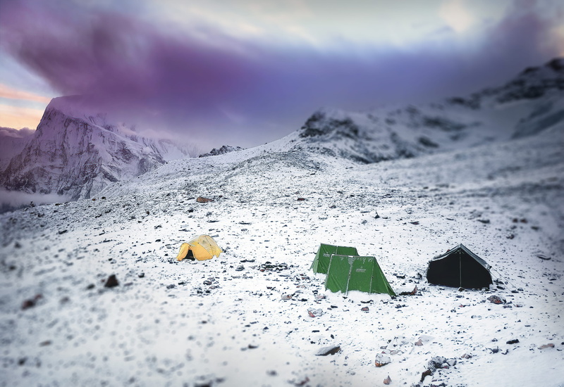 harsh, icy, leisure activities, snow, ice, mountaineering, outdoors, environment, yellow, day, landscape, nature, cold, sky, climbing, middle, nepal, tent