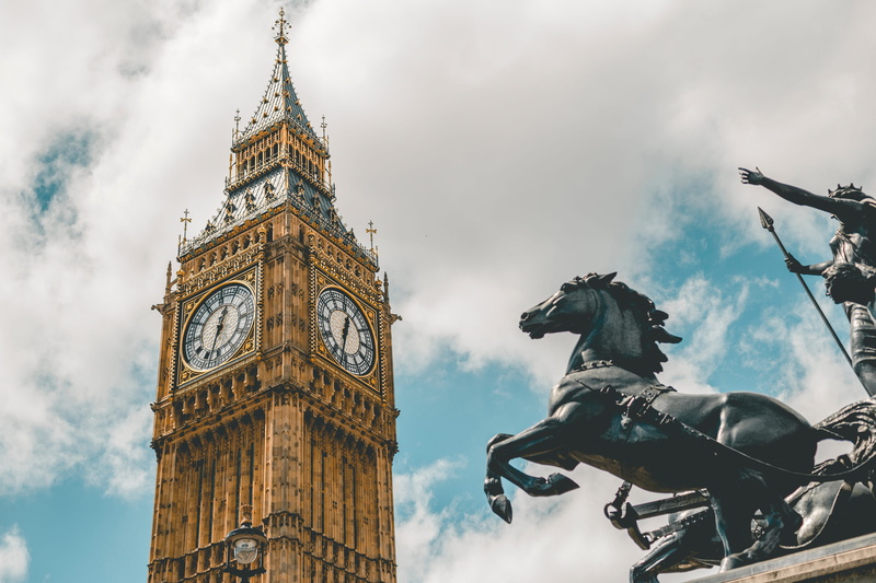 clock, statue, sculpture, tourism, travel destinations, low angle view, ben, building, outdoors, tower, representation, big, 4K, built structure, nature