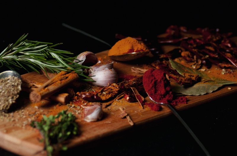 ready-to-eat, produce, chopping, spices, food photography, herb, meat, wellbeing, close-up, freshness, seed, studio shot, cinnamon, black background, cutting board