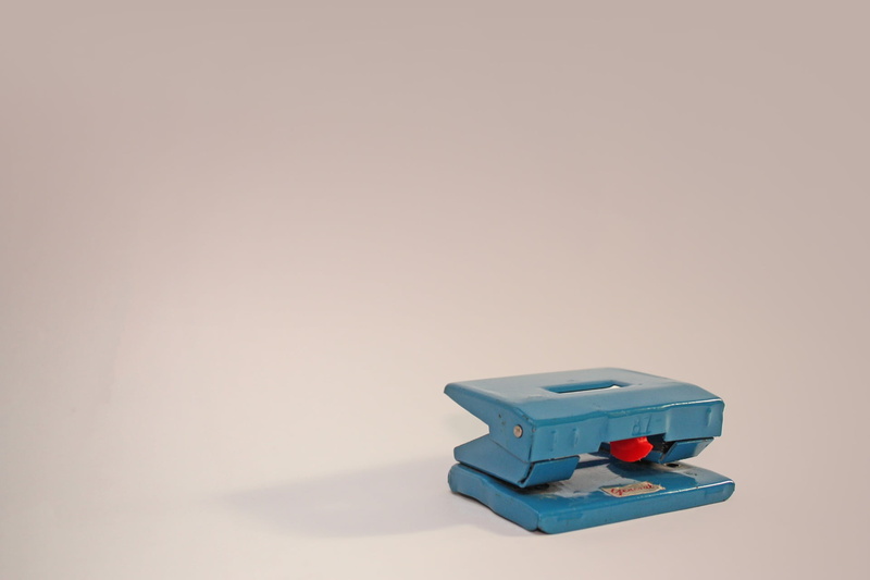 punch, still life, blue, electricity, steel, computer cable, copy space, school, hole, white background, single object, close-up, social issues, puncher