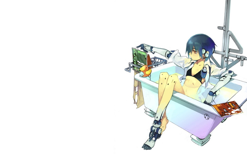 girls, animals, anime, art, ducks, bathing, implants, people, duck, pixiv, x, hd, cyborgs, 720P