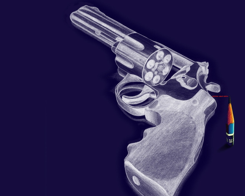 indoors, revolvers, social issues, 720P, still life, aggression, threats, sign, no people, close-up, human skeleton, black background, colored background