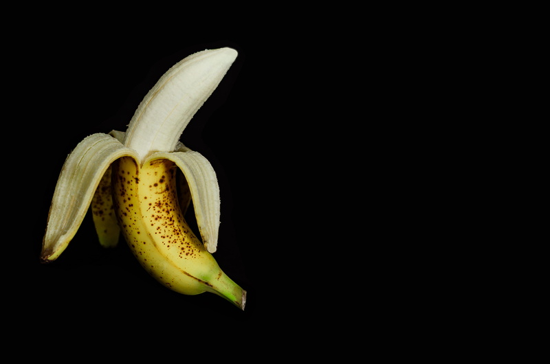 peeled, no people, freshness, fruit, ripe, 4K, banana peel, indoors, healthy eating, still life, flower head, studio shot, yellow, black background, banana