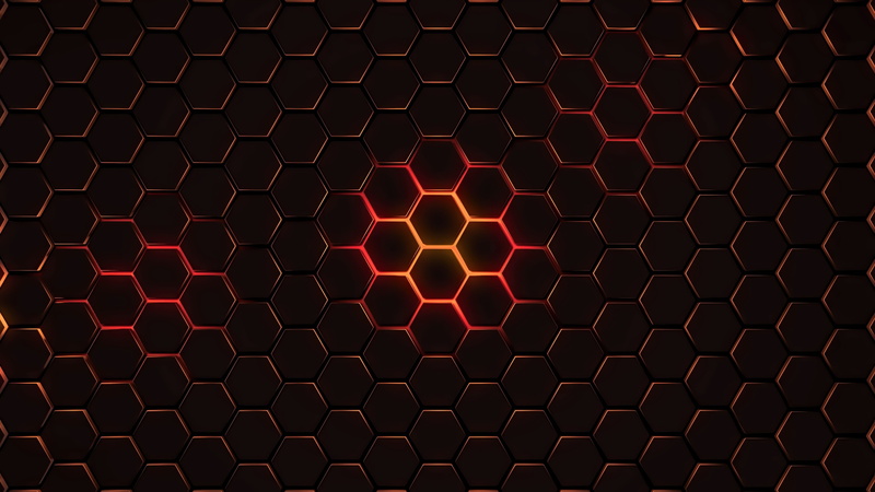 metal, 4K, repetition, illuminated, indoors, design, no people, 4k, hexagon, metal grate, close-up, hd, pattern, geometry, grid, orange color, technology