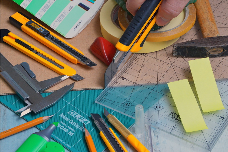 pencil, high angle view, still life, table, pen, adhesive tape, craft, hammer, art and craft, no people, scissors, large group of objects, self-adhesive
