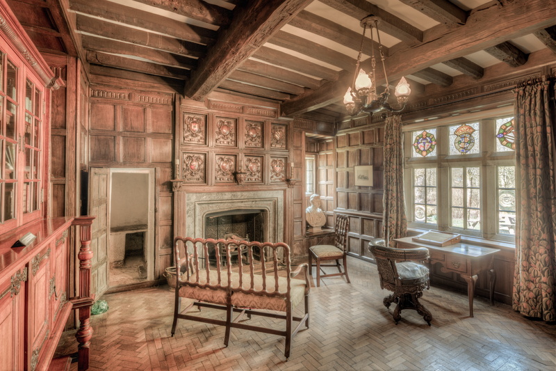 no people, beautiful, 8K, place, built structure, mansion, wood, chair, dining, dining room, work, seat, architecture, fireplace, abandoned, furniture