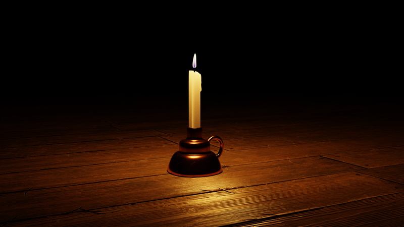 black background, indoors, burning, writing instrument, still life, 8K, Blender, quill pen, ink, bottle, candles, table, dark, wood - material, pen, flame