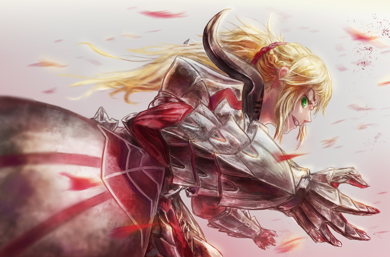 Saber of Red, front view, Fate/Apocrypha , real people, scarf, hair, indoors, art and craft, women,  Mordred (Fate/Apocrypha), young women, hairstyle, leisure activity