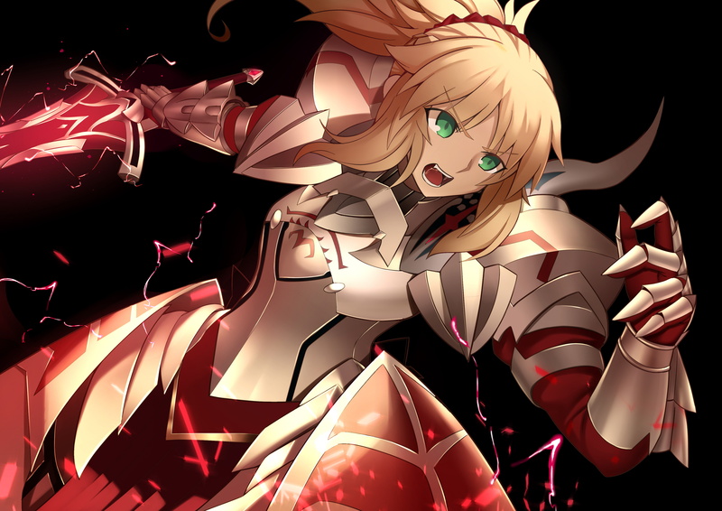 digital composite, studio shot, sword, Mordred (Fate/Apocrypha), black background, blonde, craft, mannequin, 4K, female likeness, red, armor, no people