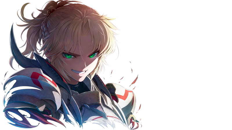 1080P, simple background, short hair, armor, blonde, Smile, looking at viewer, manga, ponytail, anime, green eyes, Fate/Grand Order, Fate Series, anime girls