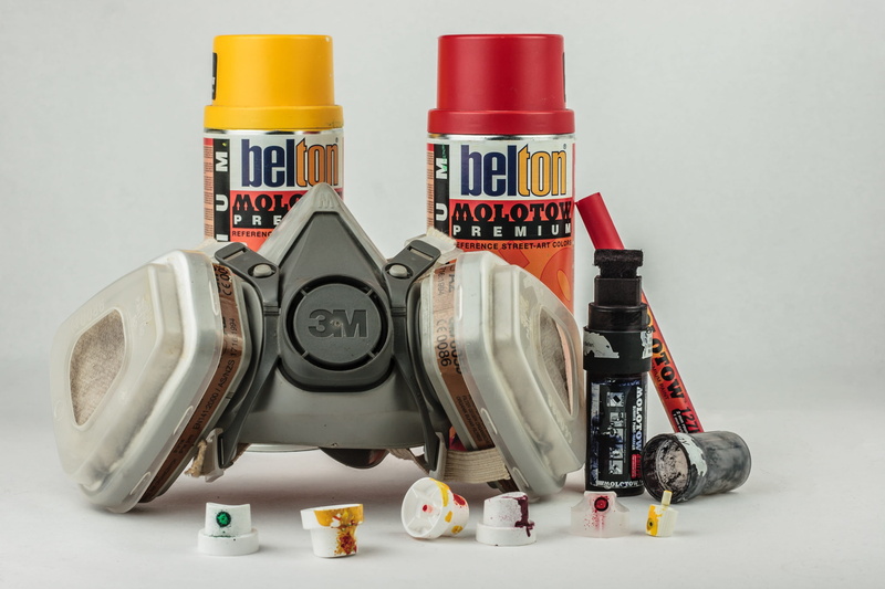 creativity, Spray Cans, paint markers, protective mask, street art, large group of objects, healthcare and medicine, black, group of objects, caps, indoors
