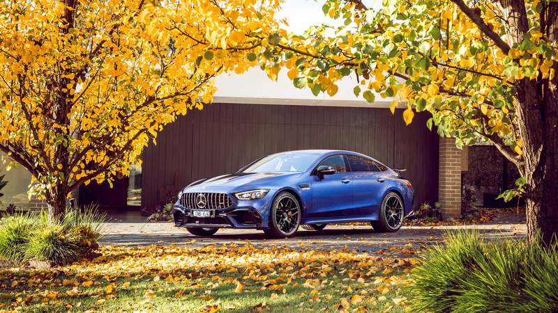 leaves, mercedes amg gt 63s, blue, Mercedes-AMG, Mercedes-Benz, trees, car, blue cars, fall, 4K