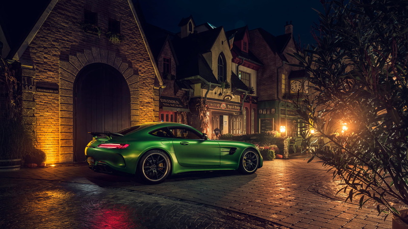 green cars, Mercedes-AMG, Mercedes-AMG GT R, Mercedes-Benz, car, 1080P, city lights, town, building, city, night, green car