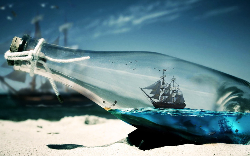 miniature, glass, sea, clear, ship, sailing, 1080P, bottle